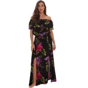 Riviera Sun Floral Printed High Slit Off-Shoulder Rayon Crepe Printed Maxi new